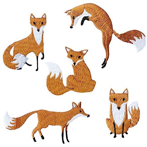 5Pcs Fox Patches Iron On Cute DIY Applique Embroidered Embroidery Patch Sew On Bags Patch for Clothes(2.16,Brown)