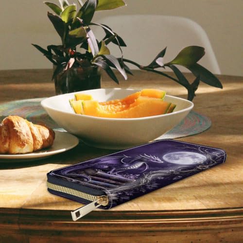 Image of Women's Wallets Credit Card Holder Money Leather Long Wallet | Long wallet with Wristlet,Large Capacity with Zip-Around Phone Purse for Women Ladies Girls,Purple Dragon Moon