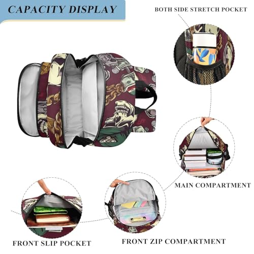 Skull Punk Money (003) Laptop Backpack Lightweight Bookbag Travel Backpack with Multiple Pockets for Women Men4