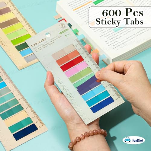 Image of FunBlast PET Sticky Notes - 600 Pcs Transparent Sticky Tabs, Morandi Pastel Page Markers with Ruler, Clear Index Tabs for Books, Notes, and Office Use