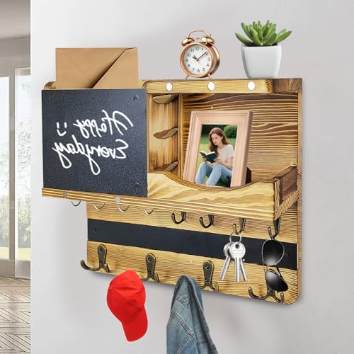Wholesoukyii Porta Llaves de Pared de Madera con Compartimento de Almacenamiento, 8 Ganchos y 4 Ganchos Dobles, con Tablón de Anuncios, Apto para Llaves, Sombreros, Ropa, Bolsos