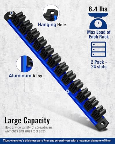 Image of WORKPRO Magnetic Screwdriver and Wrench Organizer Set, 24-Slot Tool Holders | 2-Pack Aluminum Rails, Magnetic Force, Flexible High-Tension Tool Clips, For Tool Box Drawer & Wall-Mount Storage