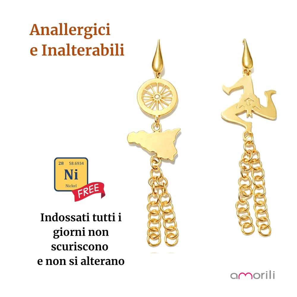 Orecchini Sicilia e Trinacria Pendenti Donna in Acciaio Inox Dorato – Orecchini Monachella Stile Siciliano – Gioiello Tradizionale Elegante per Amanti della Sicilia occ0447