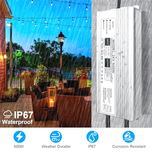 Image of LightingWill LED Driver 500 Watts Waterproof IP67 Power Supply Transformer, 90-140V AC to 24V DC Low Voltage Output, Adapter with 3-Prong Plug 3.3 Feet Cable for Outdoor Use, Computer Project