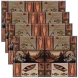jejeloiu Fish Table Place Mats Smoky Mountain Placemats Fish Hook Fishing Theme Washable Fabric Decoration Table Mats Placemat Sea Animal Farmhouse Brown Table Mats for Kitchen 18'x12' 4Pcs