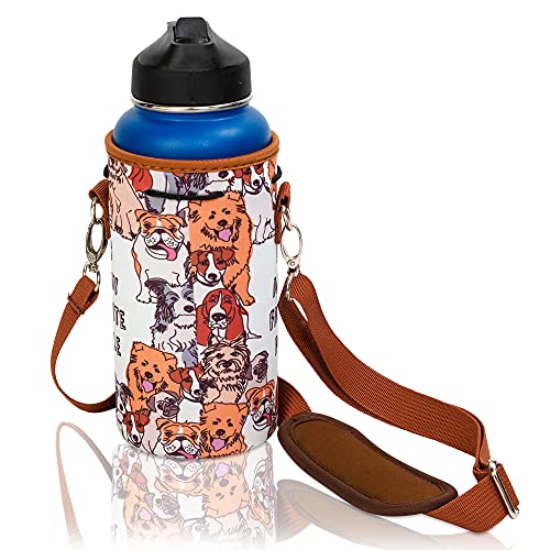 Made Easy Kit Neoprene Water Bottle Carrier Holder with Adjustable Shoulder Strap for Insulating & Carrying Water Container Canteen Flask Available in 5 Sizes (Dog Lover, Brown, L (32oz / 1.5L))