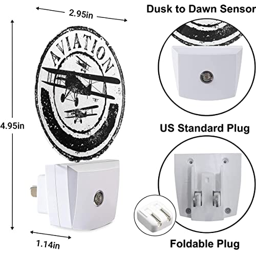 Image of Vintage Airplane Night Light Aviation Rubber Stamp Black White Night Lights Plug into Wall with Dusk to Dawn Sensor Sleep Friendly lamp for Men /Women /Girls /Boys Gift