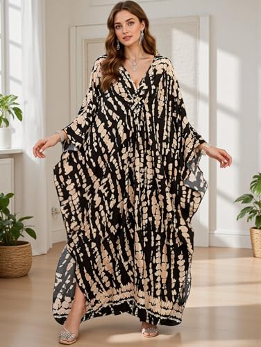 Image of IMAGEKOPE Women's Plus Size Animal Print V-Neck Batwing Kaftan Beach Dress Bathing Suit Cover-Up Loungewear