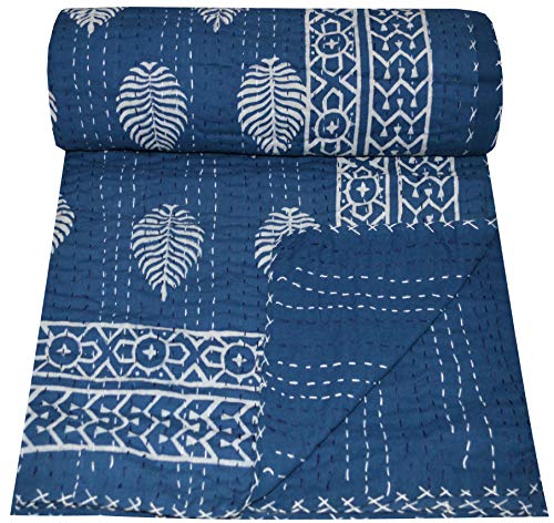 V Vedant Designs Indian Handmade Twin Cotton Kantha Quilt Throw Blanket Bespread Indigo Blue 90x60 Inch