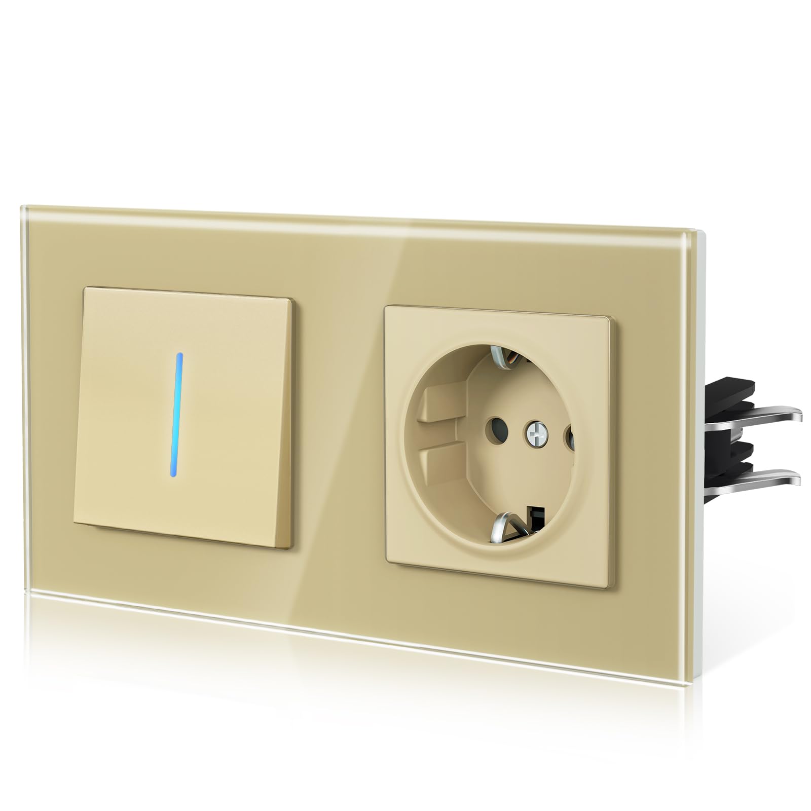 BSEED Lichtschalter mit Steckdose aus Glas, Unterputz Schalter Hintergrundlicht mit Krallen, Wechselschlter NEU E-Serie,1 Fach 2 Wege,Gold 157mm