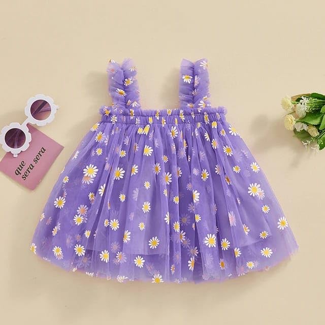 Image of TotzTouch Baby Girls Knee-Length Dress | Frock Cami Strap Flared Printed Net Sleeveless Gown