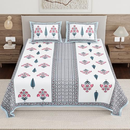 Image of Living Roots Ethnic Jaipur Block Print Double Cotton Bedsheet & 2 Pillow Covers, for Mattress Upto 6 inches Thick, No Colour Bleeding, Pink Colour, King Size 90 * 108 inches, 120TC (603-C)