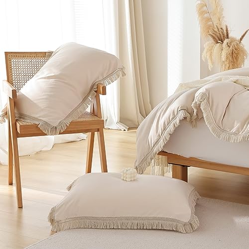 Smoofy Beige Comforter Set King Size, 3 Pcs Off White Boho Fringe Tufted Soft Microfiber Bedding Sets, Aesthetic Luxurious Tassel Comforter Sets For All Season (1 Comforter + 2 Pillowcases) #TOP5