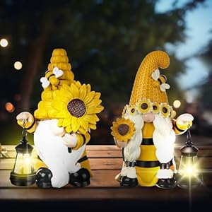 Suzile 2 pack outdoor garden bee gnome decor with solar lights summer sunflower gnomes statue outside figurine for courtyard lawn patio porch decoration housewarming gift  urban country home decor