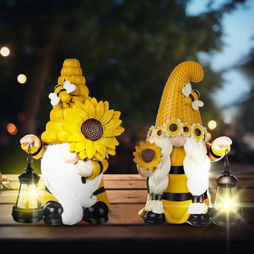 Suzile 2 Pack Outdoor Garden Bee Gnome Decor with Solar Lights Summer Sunflower Gnomes Statue Outside Figurine for Courtyard Lawn Patio Porch Decoration Housewarming Gift
