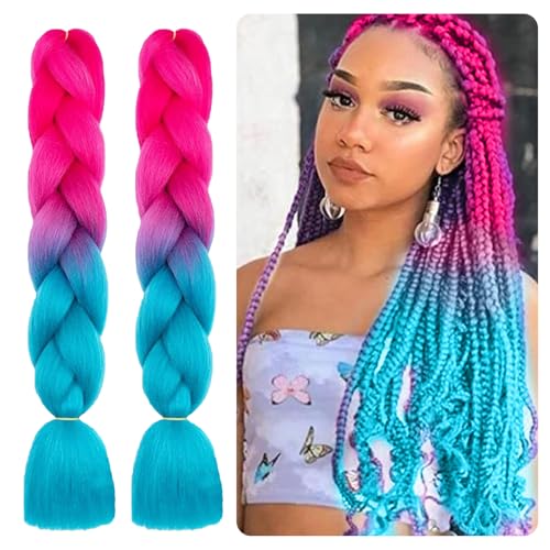 Leogony 2PCS 3 Tone Hair Extensions for Braiding Fake Braids Hair, Peach Lake Blue Purple Plait Coloured Synthetic Wig