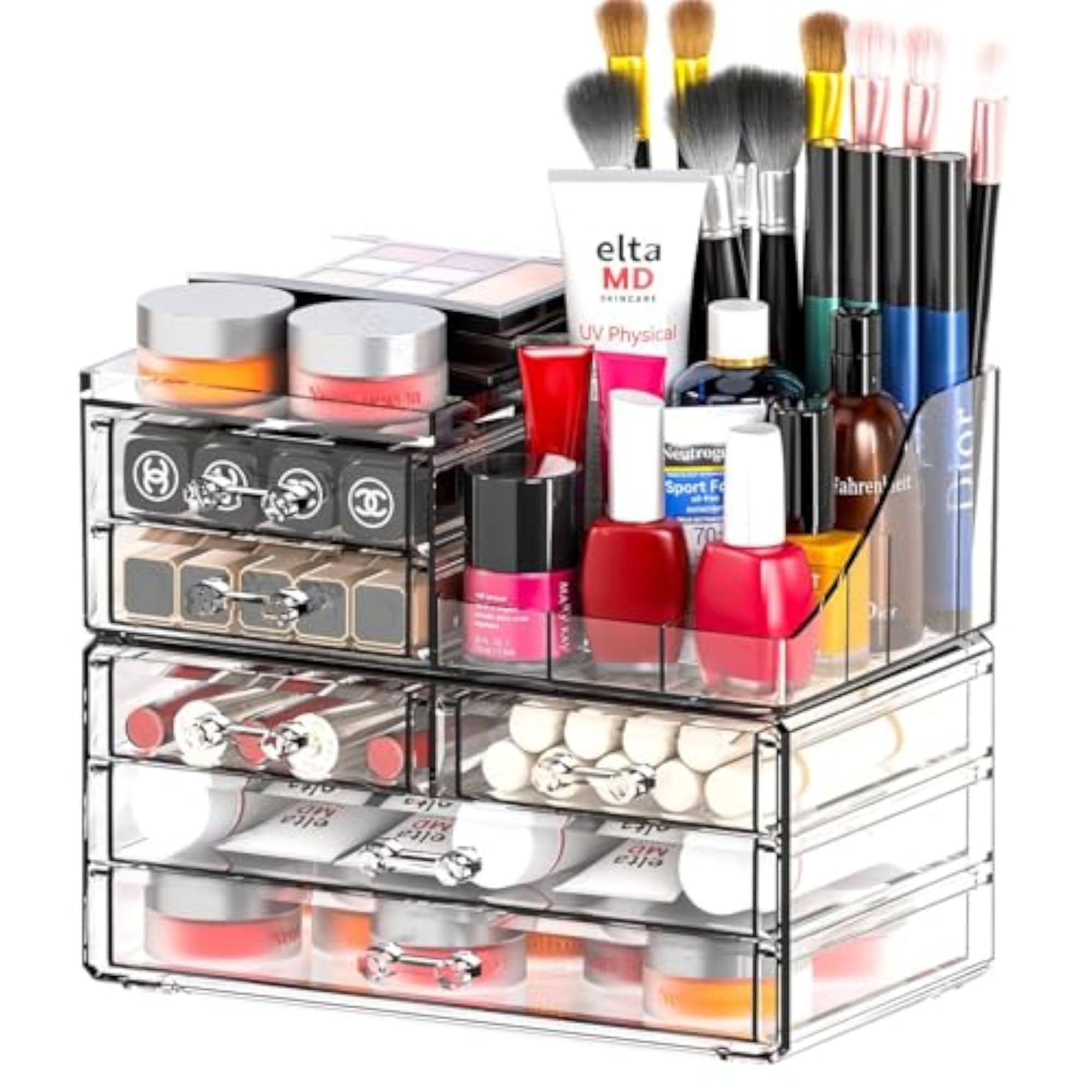 2 Pack Clear Makeup Organizer Countertop, Stackable Drawers