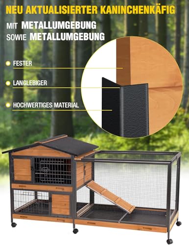 Image of Aivituvin Rabbit Hutch with Buy-Free Metal Frame - Indoor & Outdoor Rabbit Run with Wheels and Leak-proof Storage Tray (Wood Colour)