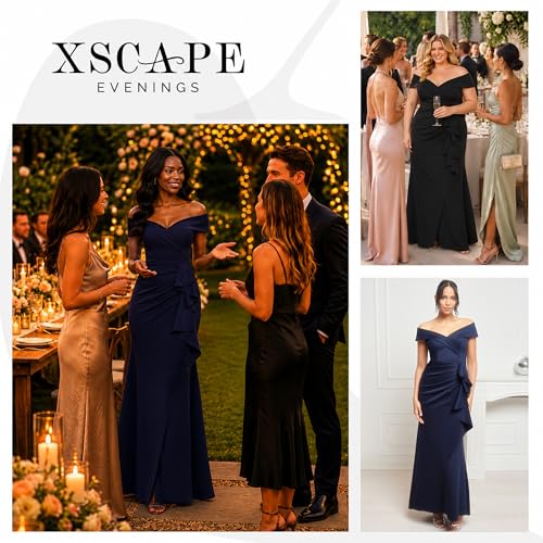 Image of Xscape Women's Long Off-the-Shoulder Sweetheart Neckline Formal Evening Gown with Ruching and Draped Ruffle Detail