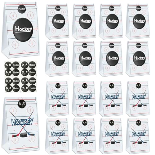 Hockey Gift Bags, 20 Pack Paper Goodie Bags with Stickers, Hockey Party Supplies for Kid's Birthday, Sports Game Day, Baby Shower, Game Celebration