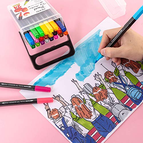 Aihao Markers For Kids,Washable Markers With Stand Portable Box,Dual Tip Markers Set, Brush & Fine Tips, 24 Pack, Art Supplies For Coloring, Doodling, Sketching, Drawing, Journaling #TOP4
