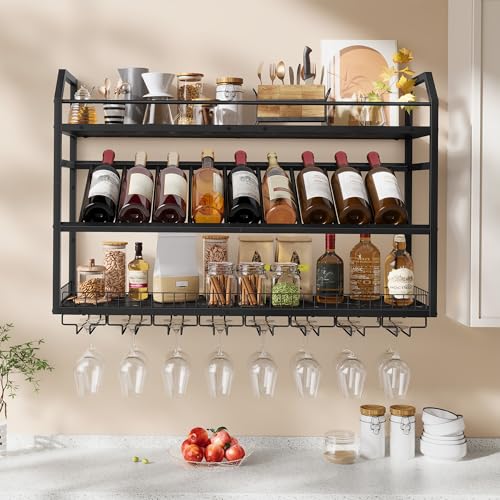 Image of Hoctieon Wall Mounted Wine Rack, 31.5 inch Wall Wine Rack for Display and Storage, Hanging Bottle Holder, for Living Room, Dining Room, Bar, Wine Cellar, Black Marbled