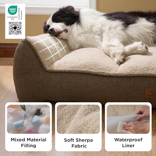 Image of Bedsure SupportMax Orthopedic Dog Beds Large Sized Dog - Extra Thick Supportive Large Dogs Bed with Waterproof Washable Cover, L Plus Comfort Pet Sofa with Soft Sherpa and Nonskid Bottom, Brown, 38 inch