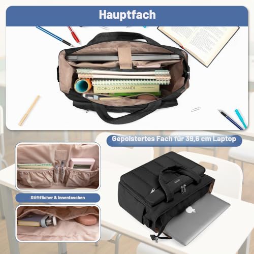 Luxja Tragebare Dokumententasche, Reise Aktentasche für Dokumenten, Laptoptasche für Akten, Bürotasche mit Mehrfachfächer, Handtasche Damen für Lehrer, Büro und Business, Schwarz