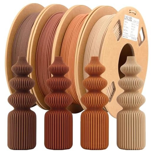 LVVJ3D Filamento in legno, filamento per stampante 3D, legno PLA 1,75 mm, 30% vera fibra di legno, quercia, noce, ciliegia, teak, filamenti in legno, 200 g, confezione da 4 per stampa 3D
