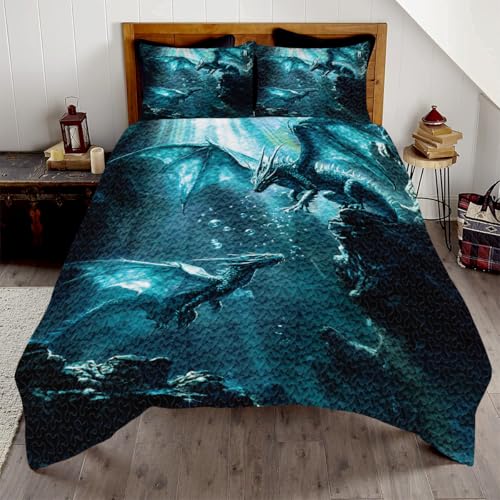 OMEOH Personalized Dragon Quilt and Blankets for Adults and Kids - 3D Dragon Bed Set with Bedspread in Black - Animal Decor for Birthday Gift