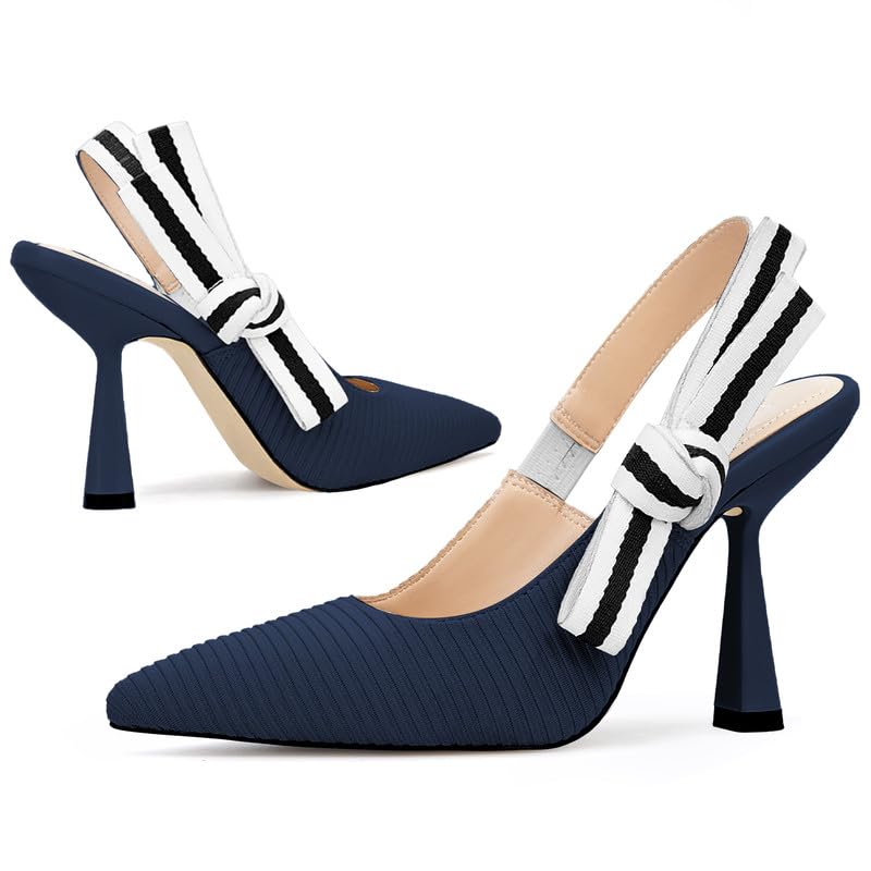 Image of HOCHFART Women's Slingback Kitten Heels Closed Pointed Toe Slip On Pumps | Bowknot, Elastic Slingback Strap, Office, Wedding, Bridal, Formal, Events, Church, Gathering, Casual Outing