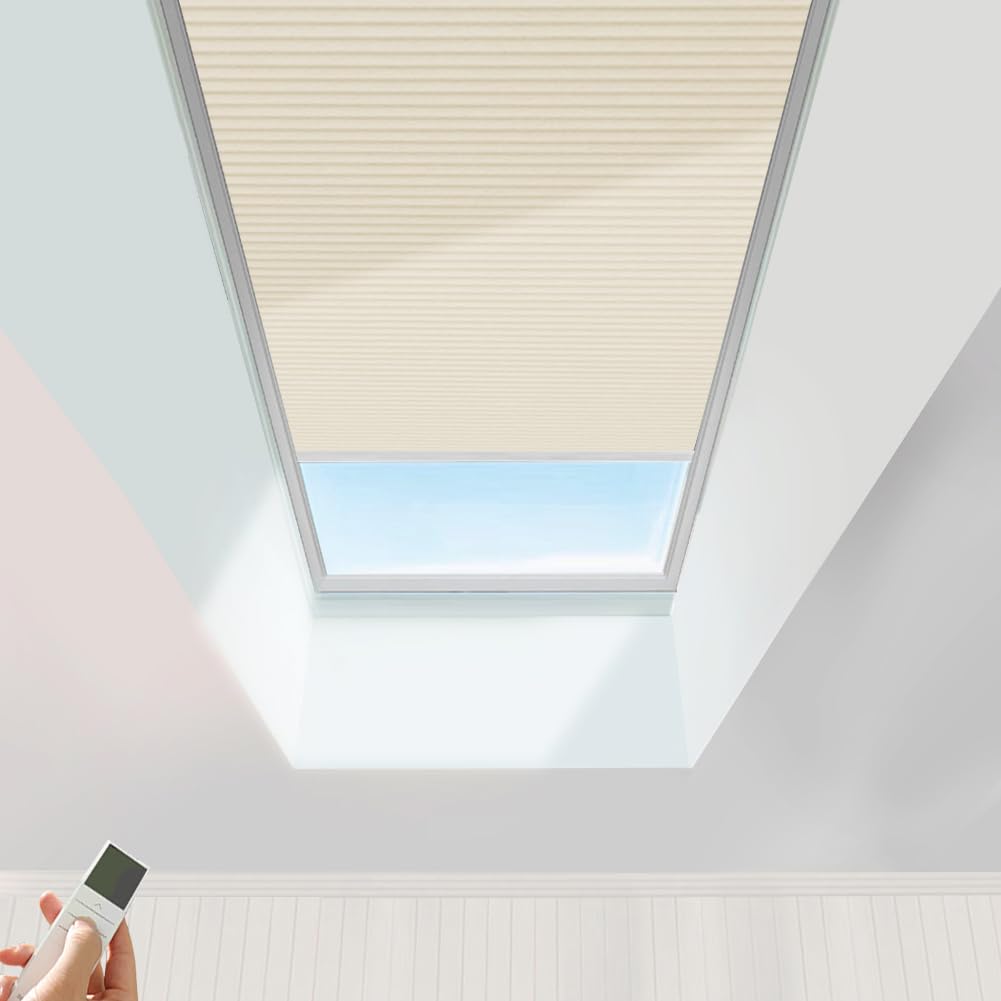 TIPIACE Hard-Wired Motorized Skylight Roof Window Cellular Honeycomb Half Blackout Waterproof Blinds Curtain Suitable Skylight Glass Room Sloping Roof Room (Half Blackout-Khaki 93020C)