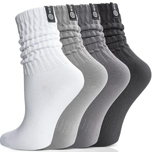 MOSEY KOSY Scrunch Cotton Socks Slouch Calf Breathable Soft Socks for Women and Men 4 Pairs (Gray Mixed M)