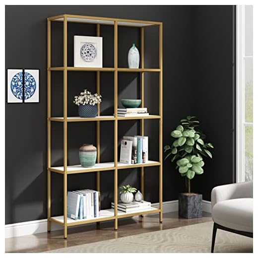 Loomie Gold Etagere Bookshelf Bookcase, 39.37" W x 70.66" H Modern 5-Tier Freestanding Open Book Shelves, Golden Display Shelf Storage Rack Shelving Unit for Living Room (White)