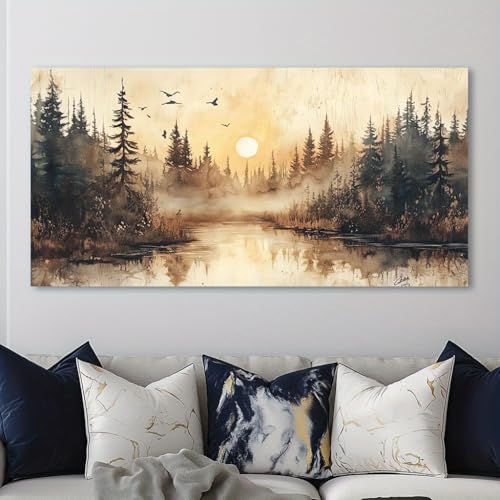 Coucher de soleil en forêt tableau abstrait moderne pour chambre parentale