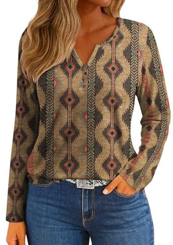 IWOLLENCE Womens Long Sleeve Aztec Western T Shirts Vintage Geometry Graphic Henley Tops Casual Button Down Blouse