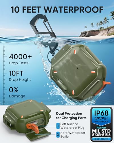 Image of MoKo for AirPods 4 Case Cover with Lock, Waterproof, Army Green | Secure Lock, IP68 Waterproof, Military‑Grade Shockproof, Keychain, Phone Stand, Cleaner Kit
