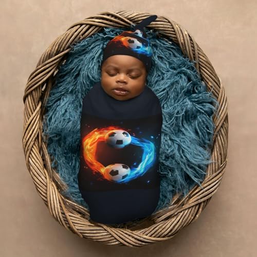 Image of Soccer Ball Newborn Swaddle Blanket with Beanie Set Soft Baby Sleep Sack Stretch Adjustable Swaddle Wraps Receiving Blankets