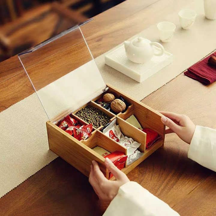 Deconox Akrilik Şeffaf Kapaklı Bambu 6 Bölmeli Çay Kutusu -%100 Orjinal Bambu Şeffaf Kapak (22cm*22cm*10cm) - Görsel 5