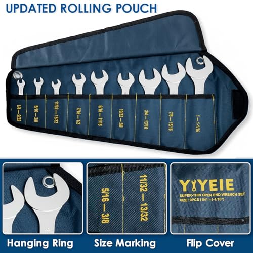 Image of YIYEIE Super-Thin Open End Wrench Set, 9-Piece SAE, 1 /4 inch to 1-1 /16 inch, Chrome Vanadium Steel With Mirror Polish, Ultra-Slim Wrench Set with Rolling Pouch