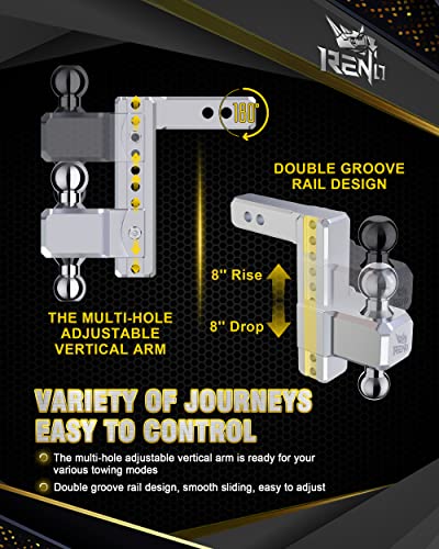 Reno Adjustable Trailer Hitch, Aluminum Dual-Balls With 2 Inch And 2-5/16 Inch, 8" Rise/Drop Hitch Ball Mount For 2" Receiver - 12,500 Lbs Towing Capacity #TOP7