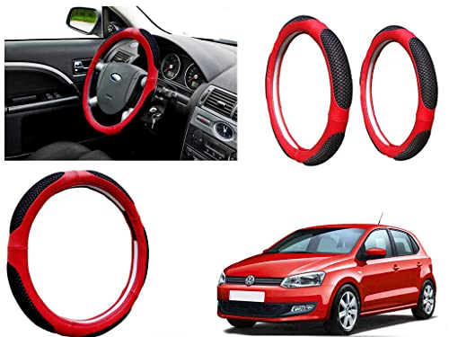 Image of Microfiber Car Steering Wheel Cover, Soft Padding Great Hand Feel, Anti-Slip, Faux Leather Steering Cover for Volkswagen Polo | Black Red Jali - Pack of 1