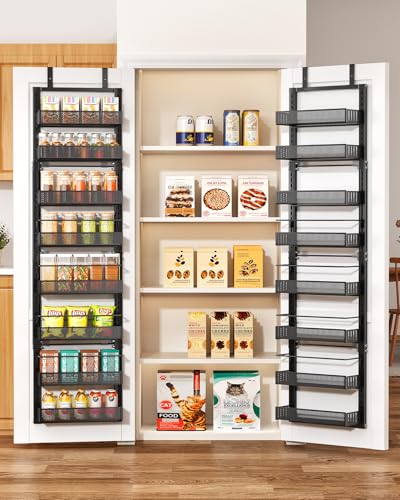 SNTD 8 Tiers Narrow Over the Door Organizer, 12.3″W x 4.7″D x 69″H, Black | Pantry Door Organizers and Storage, Height Adjustable Spice Rack, Dense Mesh Baskets, Anti-Swing, Adjustable Door Fastener