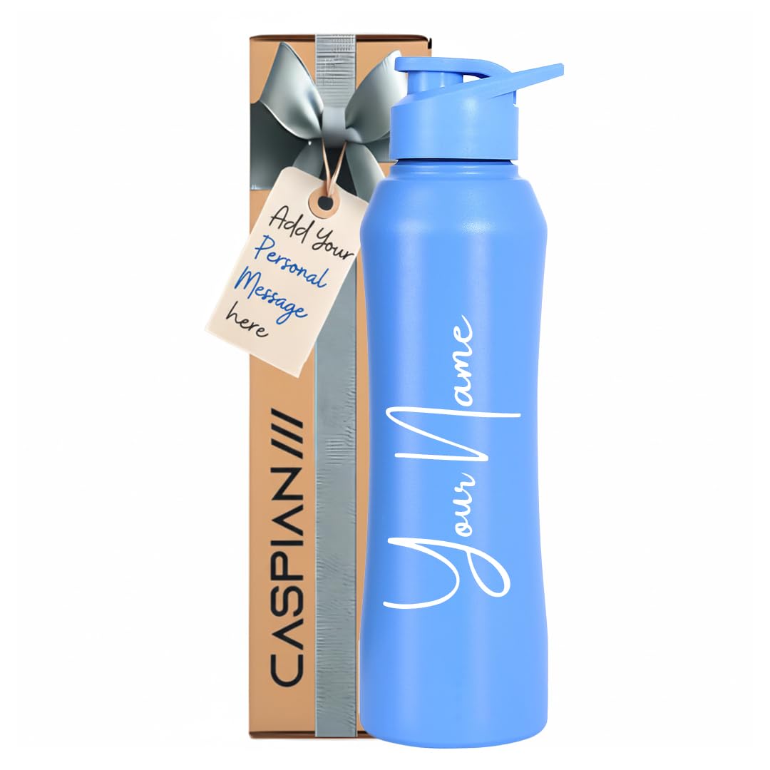 Caspian Trek Customised Stainless Steel Water Bottle 1L, C Blue with Logo Print - Personalised Water Bottle with Your Name Print for Kids Boys Girls School Office Gym- Perfect for Corporate Gifting