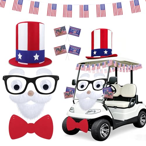 Uncle Sam Golf Cart Decoration Kit for 4th of July Parade Giant Patriotic Car Decor with Hat Glasses Googly Eyes Beard & Bow Tie 250th Anniversary USA Flags Red White Blue Vehicle Decorations