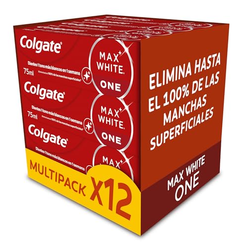 Colgate Max White One Pasta de Dientes 75ml, Dentífrico Blanqueador, Fórmula Clínicamente Probada, Elimina hasta el 100% de las Manchas Superficiales, Dientes 1 tono más Blancos en 1 Semana