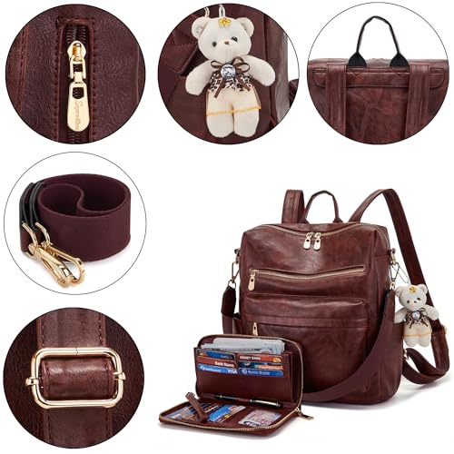 Image of Soperwillton Women Backpack Purse Shoulder Handbags Travel Bag Set 2pcs | Soft PU Leather,Large Capacity,Many Pockets,with a Functional Wallet,with a Detachable Shoulder Strap,Multipurpose Design