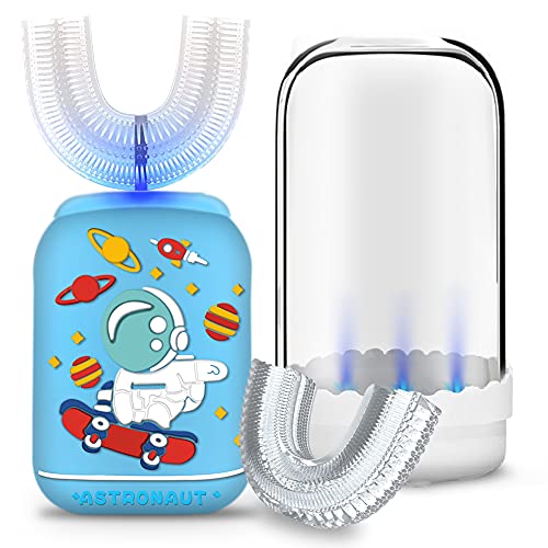 Kids Toothbrush Electric U Shape Astronaut Ultrasonic Automatic Brush Base Rinse Cup IPX7 Waterproof 2 Brush Heads 5 Cleaning Mode Smart Timer Tooth Brushes for 2-6 Children