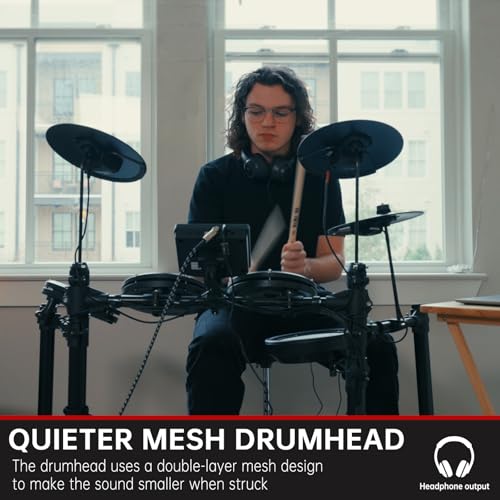 AODSK Electric Drum Set with Quiet Mesh Pads,Electronic Drum for Beginner,USB MIDI,Throne,Headphones,Sticks, Included 15 Kits and 195 Sounds (AED-403-Teenagers Beginners)