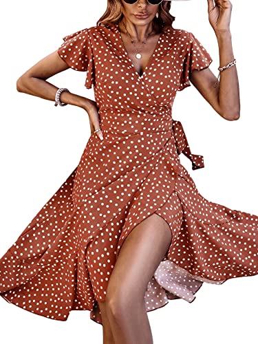 Sweatyrocks Women's Polka Dots Short Sleeve V Neck Wrap Dress Tie Side Ruffle Midi Dresses Burnt Orange M #TOP2